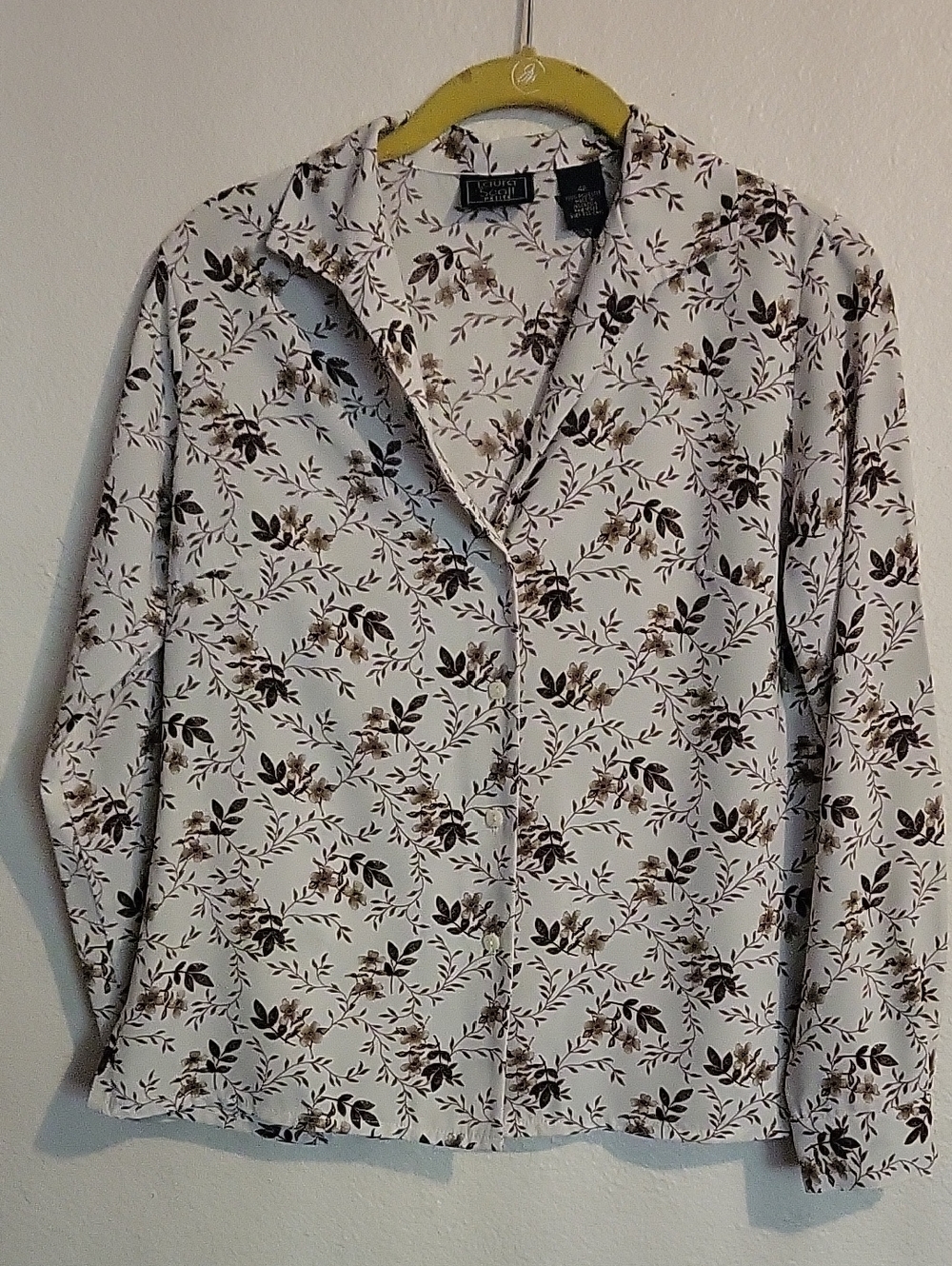Laura Scott Petite White Button-Down Shirt with Brown Floral Print